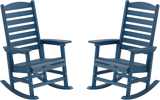 YEFU Outdoor Rocking Chair Set of 2,Poly Porch Rocker with Curved Backrest,All Weather Patio Rocking Chair,Like Real Wood,for Indoor,Lawn, Backyard,Garden,Heavy Duty,Weight Capacity 380lbs(Navy Blue)