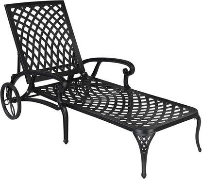 VINGLI Cast Aluminum Outdoor Chaise Lounge Chair with Wheels, Patio Chaise Lounge with 3-Position Adjustable Backrest, Tanning Chair Reclining Chair for Poolside (Black, Without Cushion)
