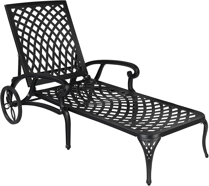 Metal Lounge Chairs for Outside, Chaise Lounge Outdoor Cast Aluminum with Adjustable Backrest and Moveable Wheels for Poolside Backyard Patio (Black)