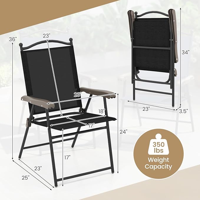 Giantex Set of 2 Patio Folding Chairs, Outdoor Patio Dining Chairs w/Armrest, Sling Back, Metal Frame - Photo 3