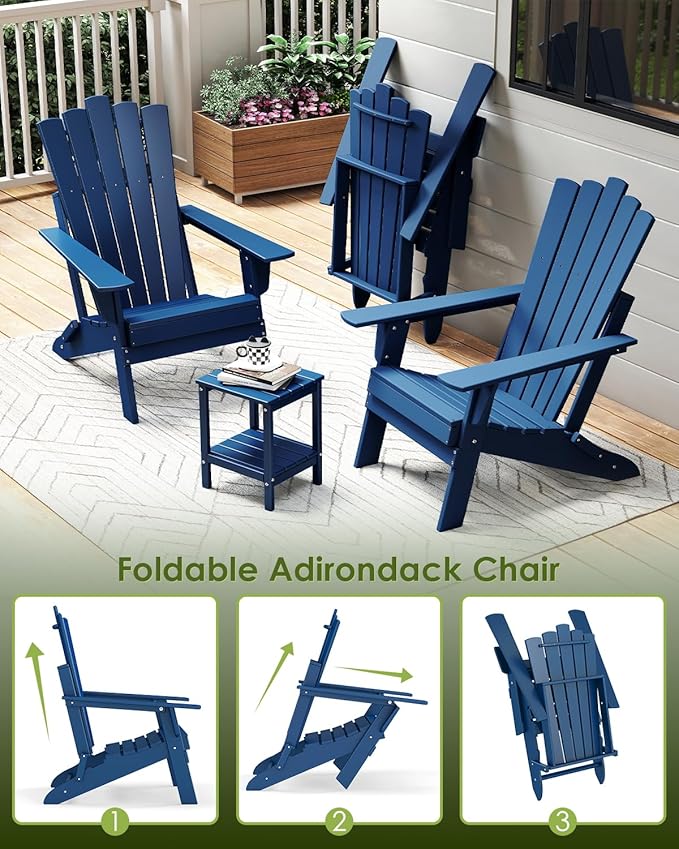 GREENVINES Folding-Adirondack-Chairs-Set-of-2 | HDPE Plastic | Throne Series | Fire Pit Chair | All Weather | for Outdoor Patio Deck Backyard Poolside | Blue