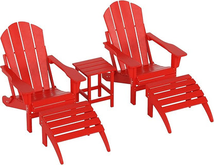WestinTrends Malibu Outdoor Lounge Chairs Set, 5-Pieces Adirondack Chair Set of 2 with Ottoman and Side Table, All Weather Poly Lumber Patio Lawn Folding Chair for Outside, Red