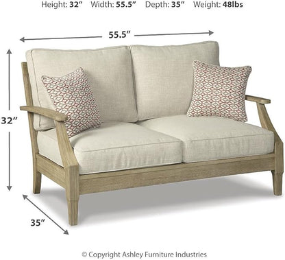 Signature Design by Ashley Clare View Coastal Outdoor Loveseat, Cushioned with Nuvella Fabric, Protective Finish, Eucalyptus Wood, 55.5" W x 35" D x 32" H, Beige