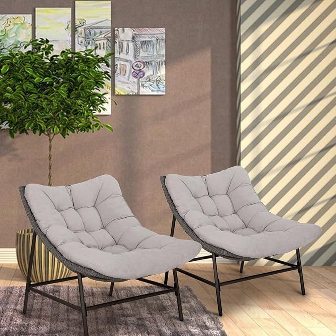MFSTUDIO Outdoor Scoop Rattan Egg Lounge Chairs Patio Seating for 2, Comfy Outdoor Acapulco Rattan Papasan Patio Wicker Chair Set of 2 with Cushions, Outside Wicker Egg Chairs, 330lbs