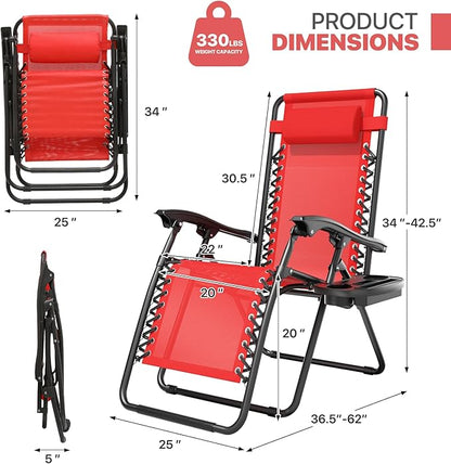 Magshion Zero Gravity Lounge Chair, Adjustable Folding Recliner with Cup Holder Side Tray & Removable Headrest Pillow, Portable Outdoor Patio Lounger for Camping, Beach, Lawn, Backyard, Red