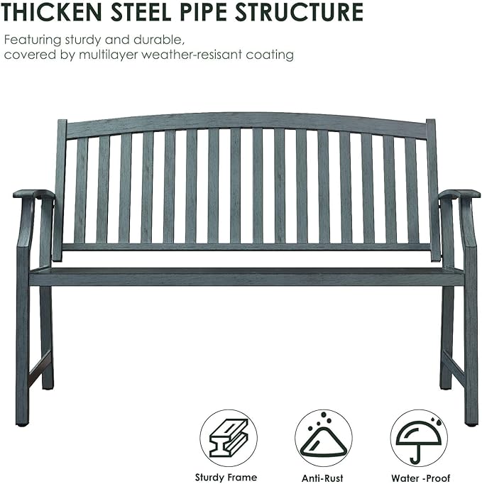 Grand patio 52" Farmhouse Outdoor Bench, Garden Benches with Rust Free Metal Powder Coated Frame and Aluminum Backrest, Faux Wood Grain Finish Frame Patio Bench for Front Porch, Weathered Blue