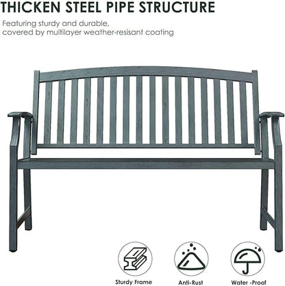 Grand patio 52" Farmhouse Outdoor Bench, Garden Benches with Rust Free Metal Powder Coated Frame and Aluminum Backrest, Faux Wood Grain Finish Frame Patio Bench for Front Porch, Weathered Blue