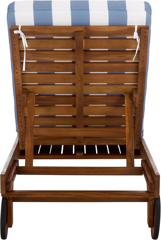 SAFAVIEH Outdoor Patio Furniture Collection - Newport Natural Solid Wood Chaise Lounge Chair with Baby Blue Stripe Cushion, Adjustable Backrest (PAT7316U)