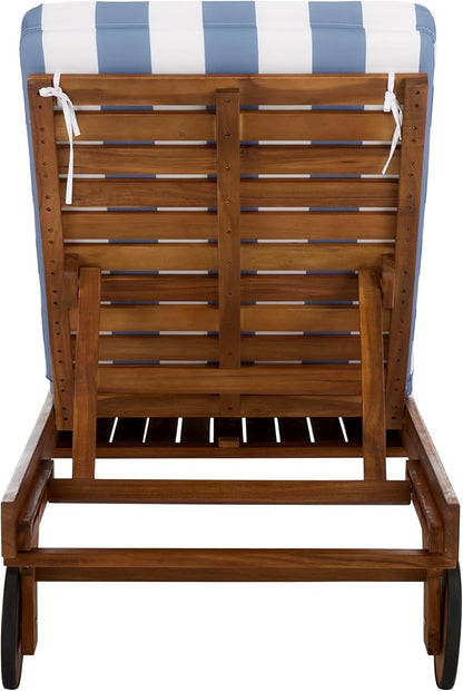 SAFAVIEH Outdoor Patio Furniture Collection - Newport Natural Solid Wood Chaise Lounge Chair with Baby Blue Stripe Cushion, Adjustable Backrest (PAT7316U)