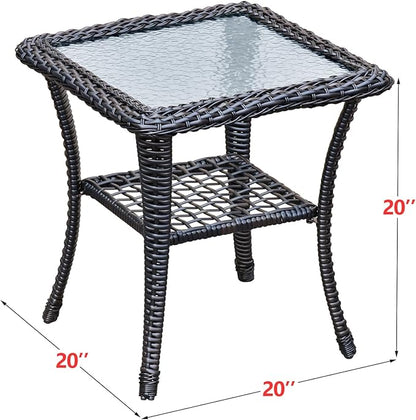 ATR ART TO REAL Outdoor Side Table, Indoor Outdoor Tempered Glass Top Wicker Coffee Bistro Table, All-Weather Patio Square Storage End Table, Steel Frame, 20''x 20''x20''