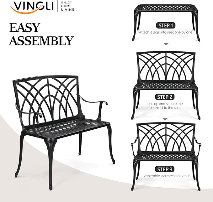 VINGLI 38" Outdoor Metal Bench, Cast Aluminium Garden Bench, Weatherproof Antique Finish Orchid Chair - Photo 6