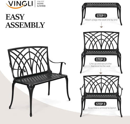 VINGLI 38" Outdoor Metal Bench, Cast Aluminium Garden Bench, Weatherproof Antique Finish Orchid Chair, 1-2 Person Seat Deck Furniture for Porch Entryway Patio (Black)