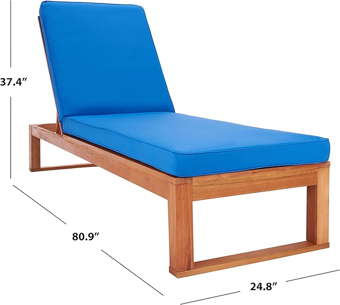 SAFAVIEH Outdoor Collection Solano Natural Brown Solid Wood/Royal Blue Cushion Patio Adjustable Chaise Lounge Chair - Photo 3
