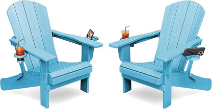KINGYES Folding Adirondack Chair Set of 2, Dual Cup Holders & All-Weather HDPE, Wood-Like Patio Chair for Backyard, Camping, Pool & Fire Pit, Light Blue