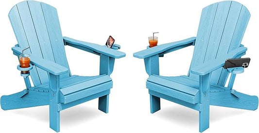 KINGYES Folding Adirondack Chair Set of 2, Dual Cup Holders & All-Weather HDPE, Wood-Like Patio Chair for Backyard, Camping, Pool & Fire Pit, Light Blue