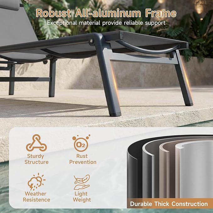 ONBRILL 2 PCS Chaise Lounge Chair Outdoor, Foldable & Assembly Free Outdoor Lounge Chair with 5 Position Adjustable Backrest, Aluminum Pool Lounge Chairs for Outside Poolside Patio Beach Lawn, Grey