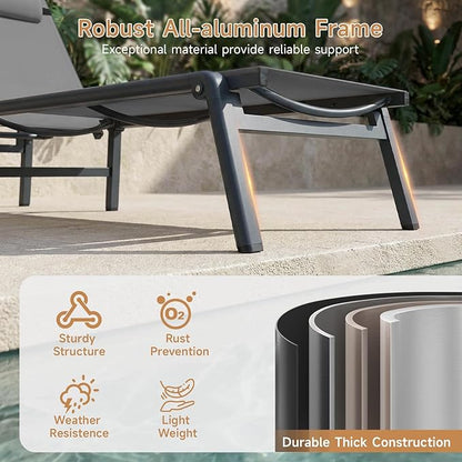 ONBRILL 2 PCS Chaise Lounge Chair Outdoor, Foldable & Assembly Free Outdoor Lounge Chair with 5 Position Adjustable Backrest, Aluminum Pool Lounge Chairs for Outside Poolside Patio Beach Lawn, Grey