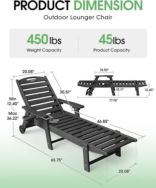 Lounge Chair Outdoor Set of 2, HDPE Chaise Lounge Outdoor, Pool Lounge Chair for Pool Poolside Deck Backyard Patio, Black