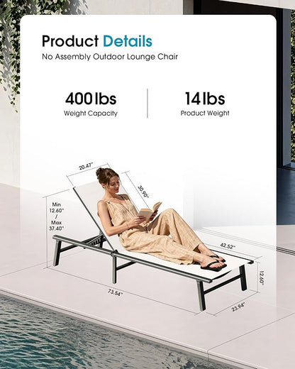 Ciokea Foldable Outdoor Lounge Chair, No Assembly Patio Chaise Lounge Outdoor with 5-Positions, Aluminum Pool Lounge Chair with Portable Design for Pool, Beach, Deck, Backyard, White
