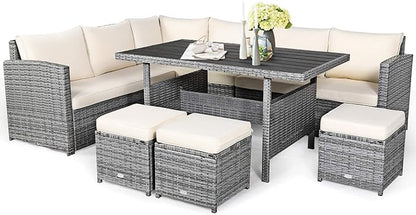 COSTWAY 7 PCS Wicker Outdoor Conversation Set, Patio Sectional Furniture Sofa Set with Table & Seat Cushions, Rattan Furniture Sets for Backyard Garden Poolside Porch, White