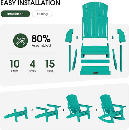 Adirondack Rocking Chair with Retractable Ottoman Set of 2, 4-in-1 Foldable Reclining Patio Chair, HDPE Wood-Look Outdoor Rocker for Porch, Garden & Poolside, Lake Blue