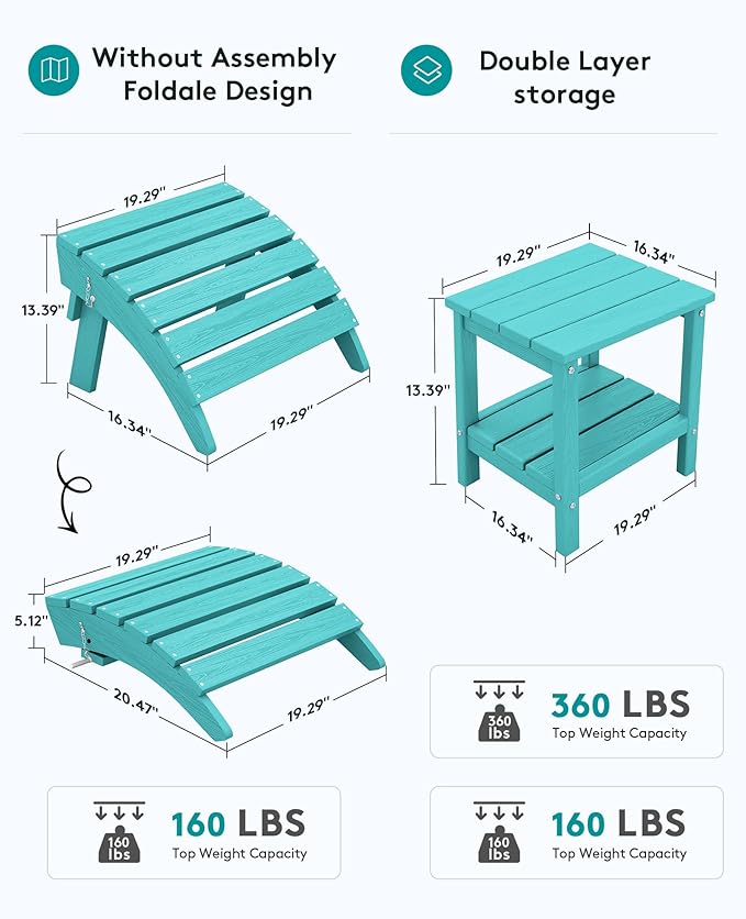 SERWALL 5-Piece Folding Adirondack Chair and Ottoman and Table Set, HDPE Adjustable Adirondack Chairs Set, Aruba - Photo 4
