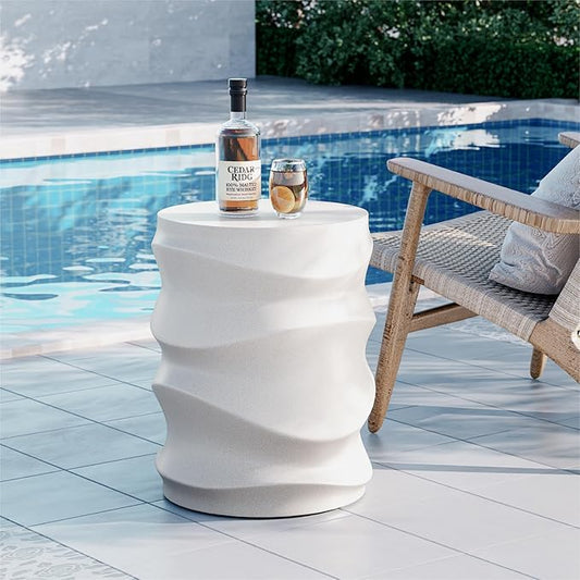 SUNBURY Outdoor Side Tables Set of 2, 18" H Concrete Accent End Table Streamlined, Small Round Cement Plant Stands Table, Decorative Garden Stools for Backyard, Spotted White