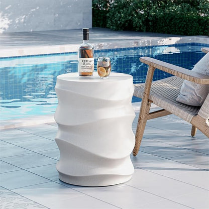 SUNBURY Outdoor Side Table, 18" H Concrete Accent End Table Streamlined, Small Round Cement Plant Stands Table, Decorative Garden Stools for Backyard, Spotted White