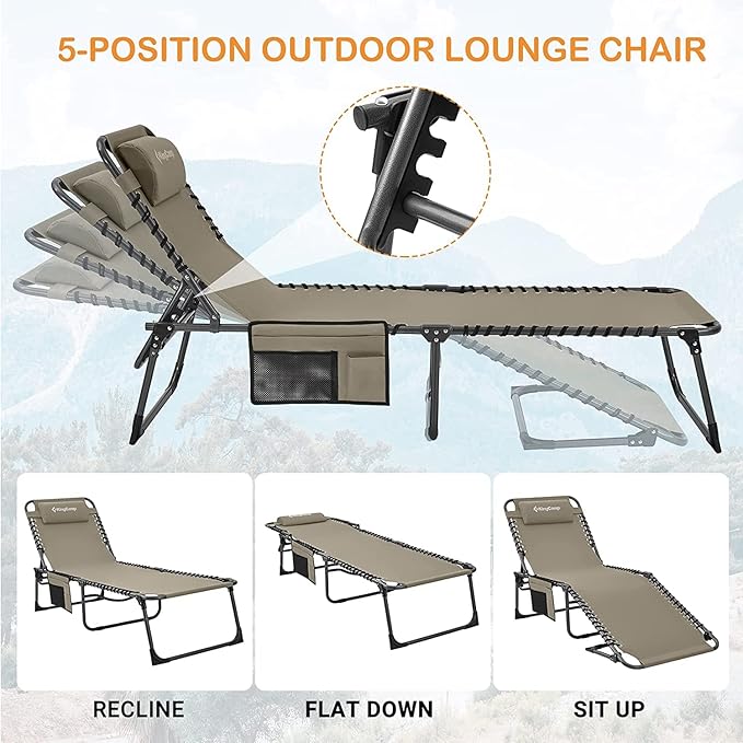 KingCamp Lounge Chair Outdoor, Folding Portable Tanning Chairs Comfy Adjustable 5-Position Lay Flat Foldable Chaise Chaser Lounger with Pillow for Outside Beach Patio Sun bathing Backyard Pool, Beige