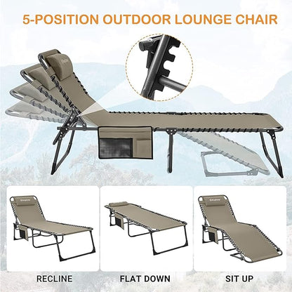 KingCamp Lounge Chair Outdoor, Folding Portable Tanning Chairs Comfy Adjustable 5-Position Lay Flat Foldable Chaise Chaser Lounger with Pillow for Outside Beach Patio Sun bathing Backyard Pool, Beige