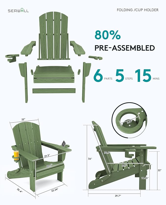 SERWALL Adirondack Chair with Cup Holders - Composite Adirondack Chairs Set of 6 HDPE Outdoor Chairs All Weather Use - Photo 3