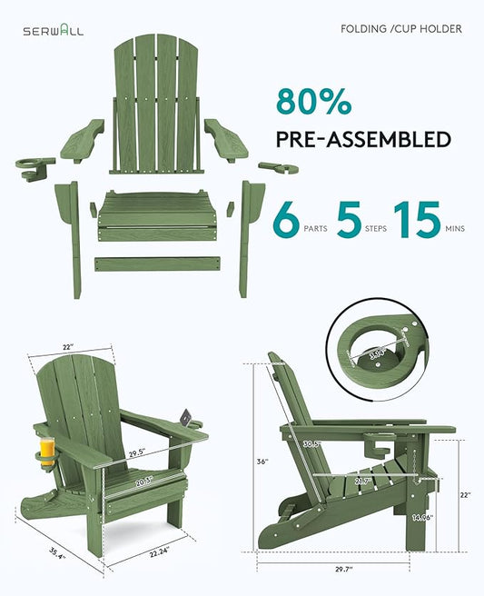 SERWALL Adirondack Chair with Cup Holders - Composite Adirondack Chairs Set of 4 HDPE Outdoor Chairs All Weather Use- Avocado