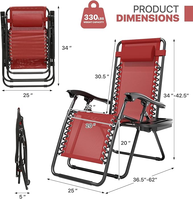 Magshion Zero Gravity Lounge Chair, Adjustable Folding Recliner with Cup Holder Side Tray & Removable Headrest Pillow, Portable Outdoor Patio Lounger for Camping, Beach, Lawn, Backyard, Maroon
