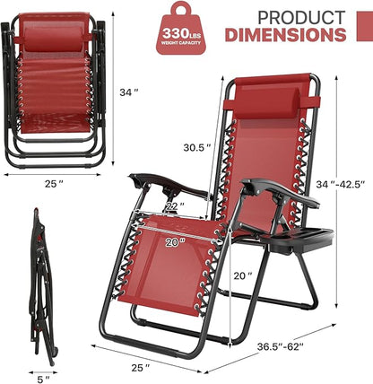 Magshion Zero Gravity Lounge Chair, Adjustable Folding Recliner with Cup Holder Side Tray & Removable Headrest Pillow, Portable Outdoor Patio Lounger for Camping, Beach, Lawn, Backyard, Maroon