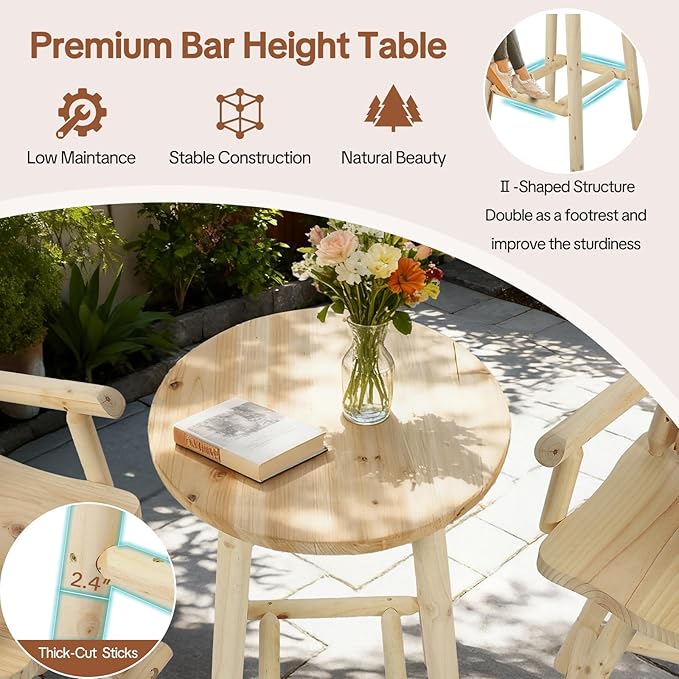 HOMEDIARY 3 Piece Outdoor Swivel Adirondack Bar Set, 41.9" Patio Log Bar Height Table & 2 Bar Stools with High Back - Photo 9