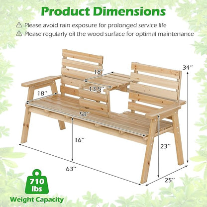 HAPPYGRILL Outdoor Fir Wood Bench with Foldable Middle Table, 2-3 Person Patio Garden Bench with Armrests and Backrests, Wooden Loveseat Chair with 710lbs Capacity (Natural)