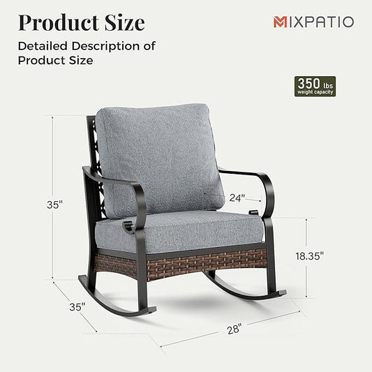 Patio Rocking Chairs Set of 2, Outdoor Sofa Chairs with Deep Seating and 5.75" Cushions, Steel Black Frame Porch Furniture for Lawn Backyard Deck, Grey