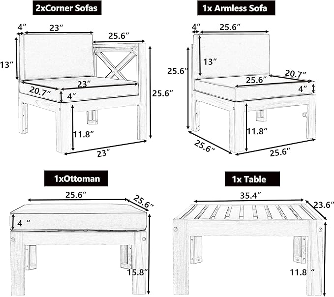 Quarte 5 Piece Outdoor Acacia Wood Sofa Set, X-Back Frames Design, Sectional Sofa Seating Group Set with Cushions