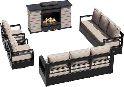 Outdoor Aluminum Furniture Set, 5-Piece Patio Conversation Set, 2 Swivel Chairs, 2 Sofa and 1 Fireplace, All-Weather Metal Frame, 6" Thick Removable Cushions, Deep Setting for Garden and Porch