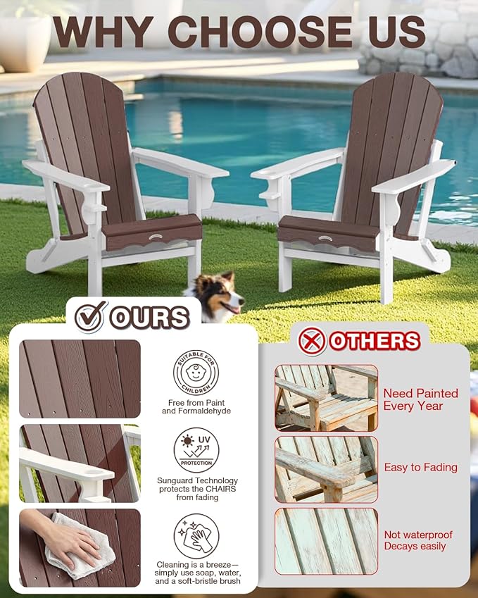Folding Adirondack Chair –Recyclable HDPE Outdoor Adirondack Patio Chair with Cup Holder, Wood Texture & Umbrella Hole - Photo 7