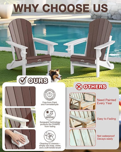 Folding Adirondack Chair –Recyclable HDPE Outdoor Adirondack Patio Chair with Cup Holder, Wood Texture & Umbrella Hole, 25-Year Fade-Free All Weather for Fire Pit, Porch, Poolside, Deck, Brown & White
