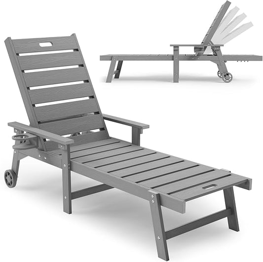 YEFU Lounge Chair Outdoor Chaise: Outdoor Chaise Lounge with 5-Level Adjustable Backrest, Cup Holders & Wheels, All-Weather Resistance Chaise Lounge for Outside/Patio/Beach/Deck, Grey