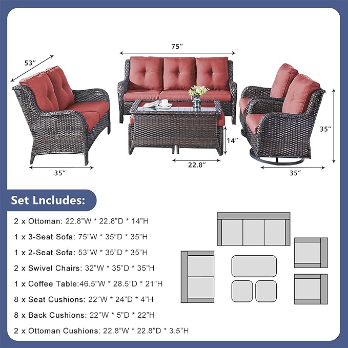 Rilyson Wicker Patio Furniture Set - 7 Piece Rattan Outdoor Sectional Conversation Sets with 2 Rocking Swivel Chairs - Photo 2