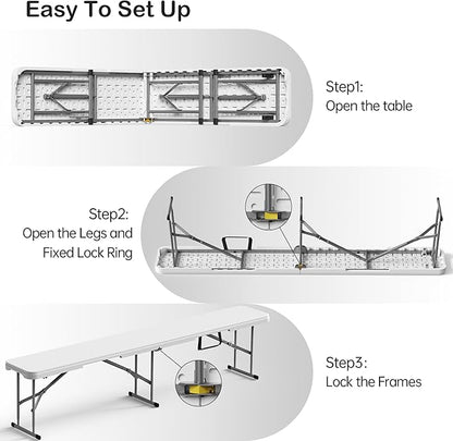 6 Foot Folding Bench, Portable Plastic Folding Bench Seat, Foldable Seat for Indoor Outdoor Picnic Camping Dining, Soccer Garden Multipurpose Entertaining Activities, White