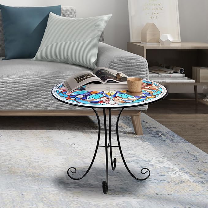 Mosaic Side Table Outdoor, 18 Inch Metal Accent Table, Indoor Small Round End Tables - Photo 7