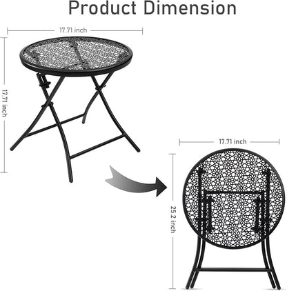 TeoKJ Folding Small Outdoor Side Tables, Anti Rust Small Patio Table Round Metal Nightstand with Flower Cutouts for Porch Yard Balcony Deck Lawn, Black