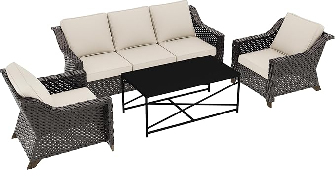 4 Pieces Outdoor Conversation Furniture Set - 77" Patio Sofa, 2 Wicker Armchairs, 1 Metal Coffee Table - Photo 4