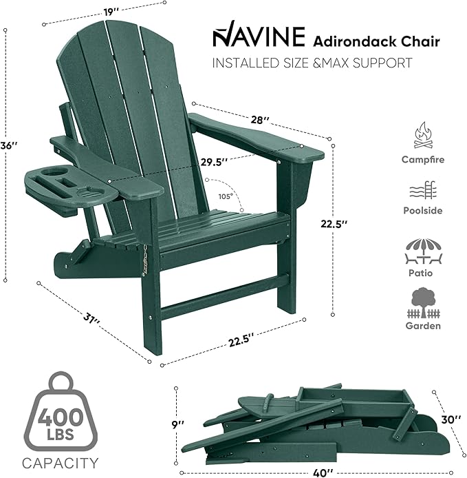Adirondack Chair Set of 2, HDPE Folding Adirondack Chair with Multifunctional Cup Holder - Photo 3