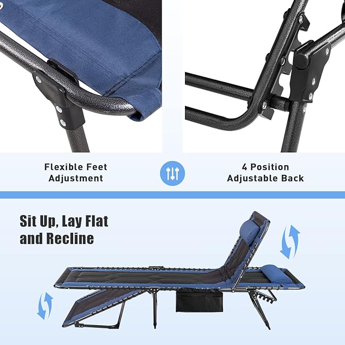 Flamaker Folding Chaise Lounge Outdoor Portable Lounge Chairs 4-Position Adjustable Camping Lounge Chair with Pillow & Side Bag Lightweight Recliner Sunbathing Chair for Pool Beach Deck (Blue)