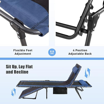 Flamaker Folding Chaise Lounge Outdoor Portable Lounge Chairs 4-Position Adjustable Camping Lounge Chair with Pillow & Side Bag Lightweight Recliner Sunbathing Chair for Pool Beach Deck (Blue)